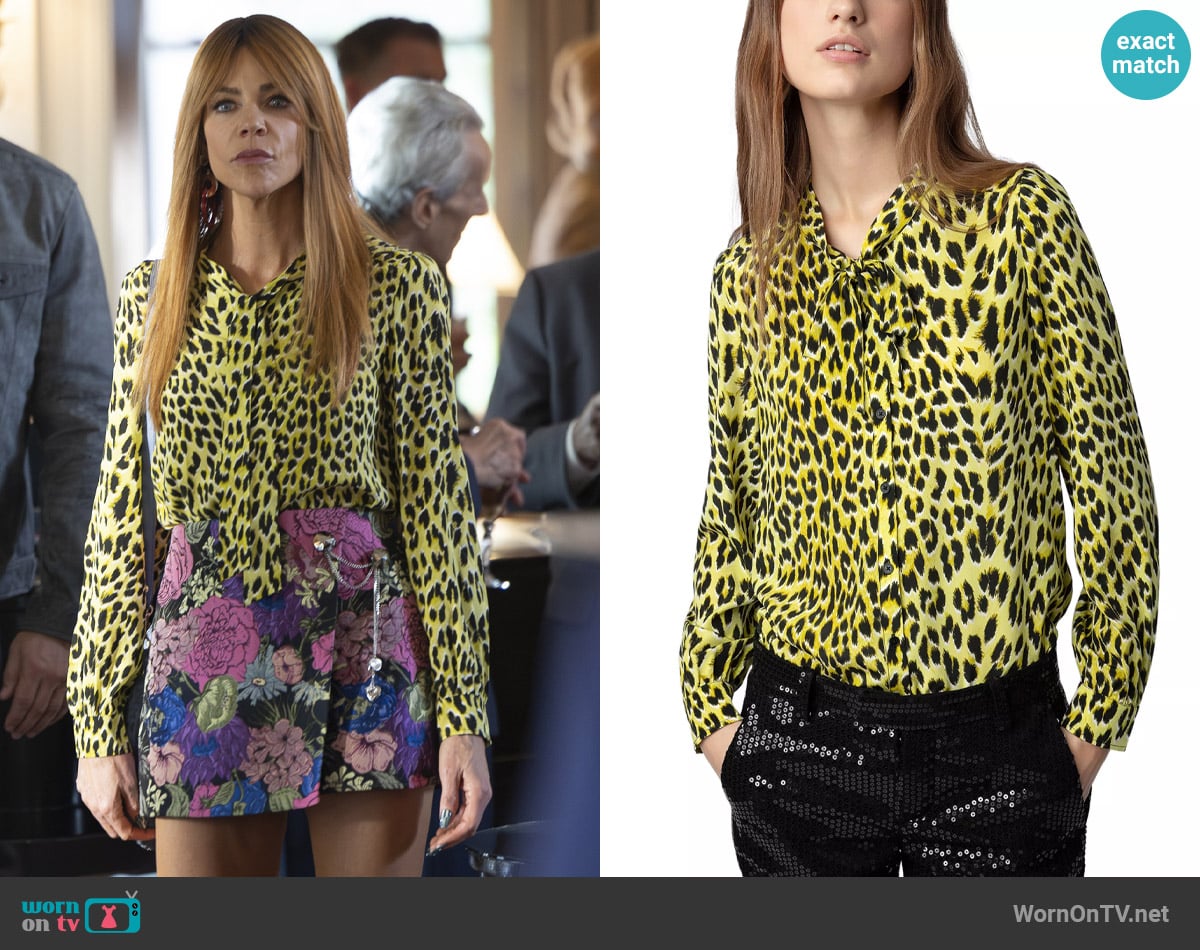 Zadig & Voltaire Taos leopard-print silk shirt worn by Morgan Gillory (Kaitlin Olson) on High Potential