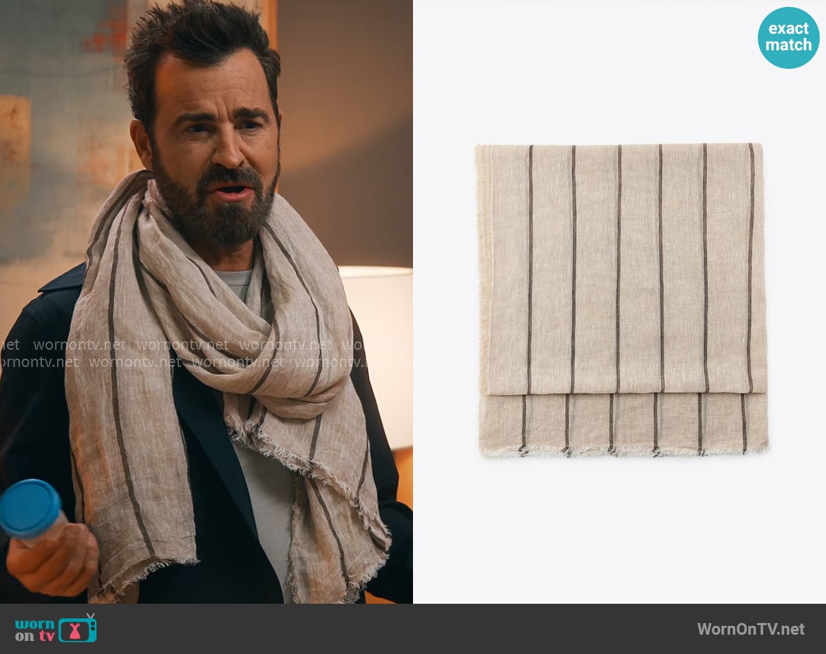Zara 100% Linen Striped Scarf in Sand worn by Cam Gordon (Justin Theroux) on Running Point