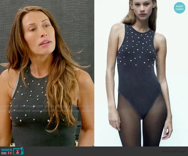 Zara Charcoal Beaded Bodysuit worn by Alicia Carmody on The Real Housewives of Rhode Island
