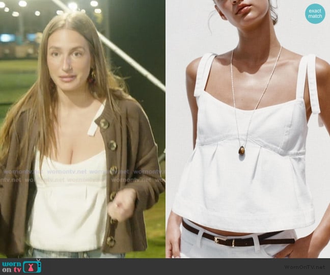 Zara Denim Strappy Cropped Tank Top worn by Amanda Batula on Summer House