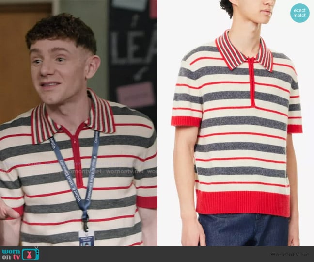 Zara Harry Lambert x Disney Stripe-Pattern Short-Sleeve Wool-Blend Polo Jumper worn by Jacob Hill (Chris Perfetti) on Abbott Elementary