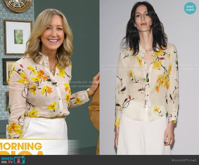 Zara Ramie Floral Shirt Zw Collection in ecru worn by Lara Spencer on Good Morning America
