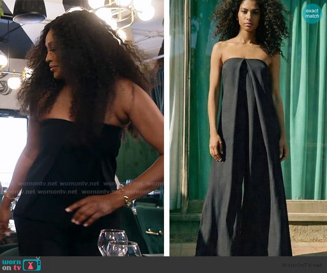 Zara Wide Leg Strapless Jumpsuit worn by Cynthia Bailey on The Real Housewives of Atlanta