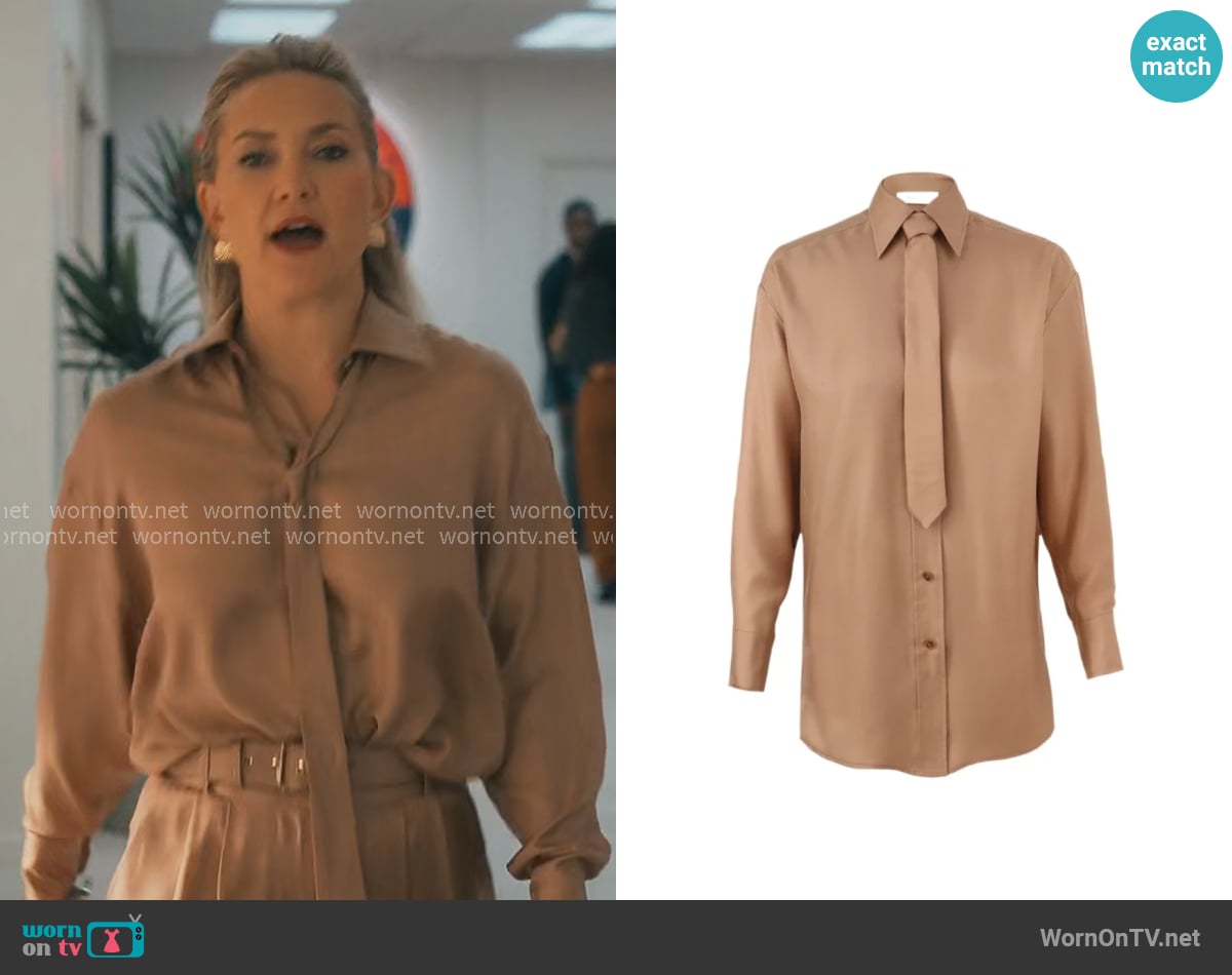 Isla’s taupe tie neck blouse on Running Point