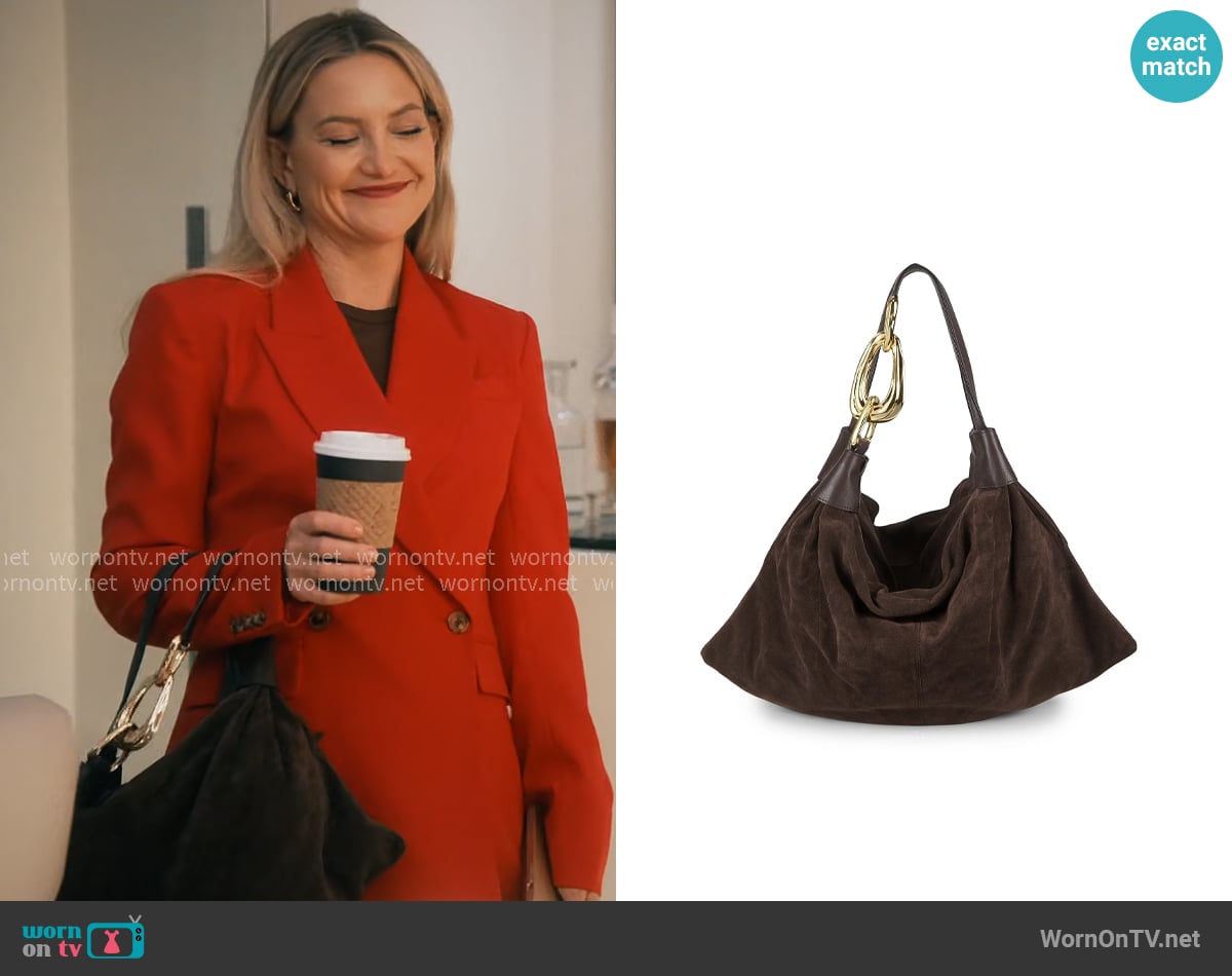 Zimmermann Small Trampoline Suede Hobo Bag in Coffee worn by Isla Gordon (Kate Hudson) on Running Point