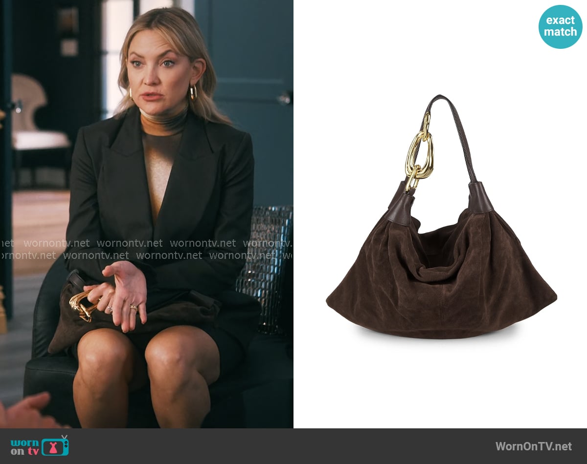 Zimmermann Small Trampoline Suede Hobo Bag in Coffee worn by Isla Gordon (Kate Hudson) on Running Point