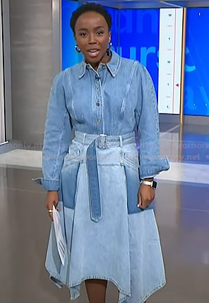 Zinhle’s denim shirt and asymmetric skirt on NBC News Daily