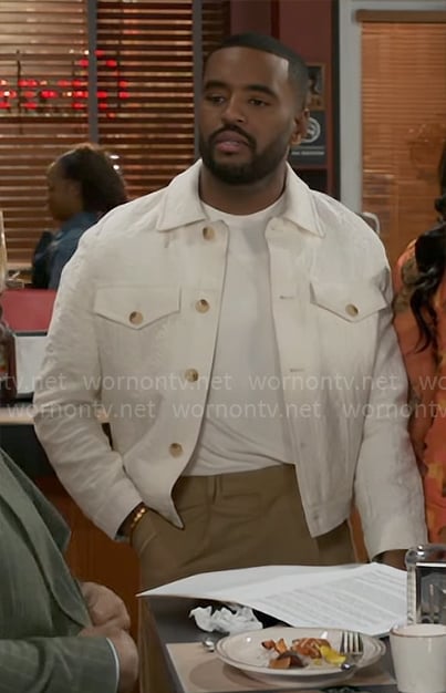 Andre’s white textured jacket on Beyond the Gates