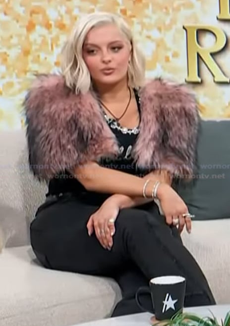 Beber Rexha’s pink fur cropped jacket on Access Hollywood