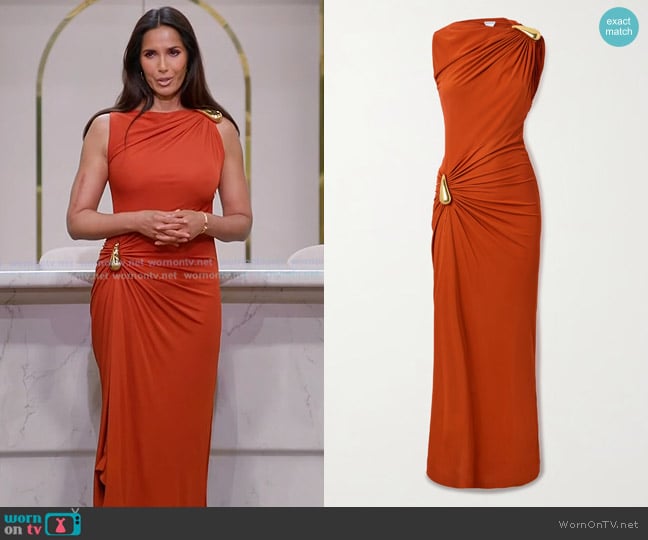 Padma’s orange gathered dress on Americas Culinary Cup Padma’s orange gathered dress on Americas Culinary Cup