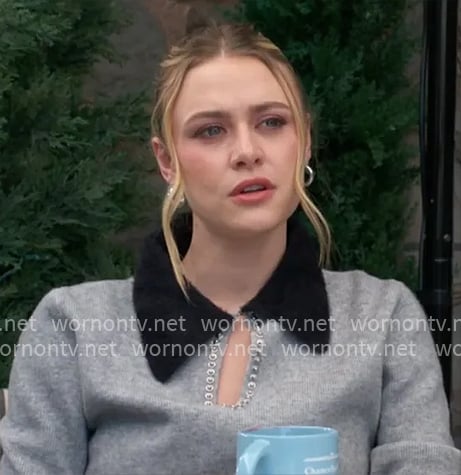 Claire’s grey sweater with embellished keyhole and collar on The Young and the Restless