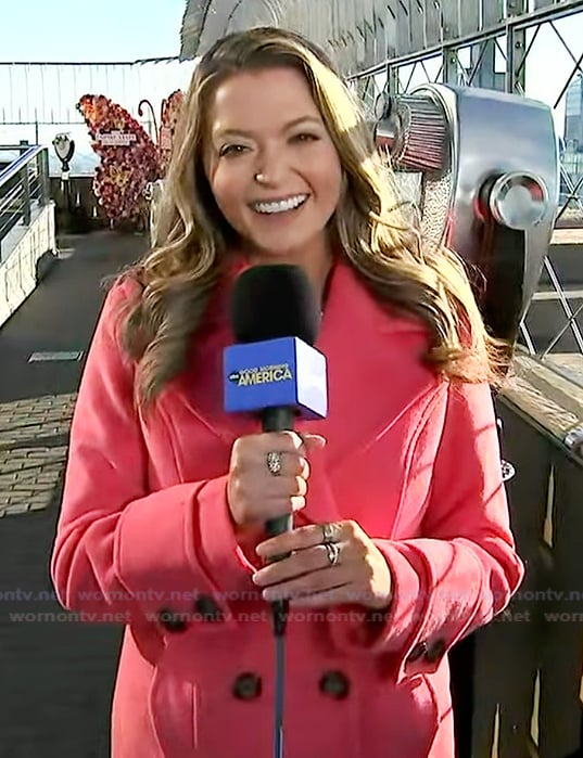 Dani’s coral double breasted coat on Good Morning America