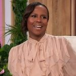 Deborah’s beige ruffle front blouse on Sherri