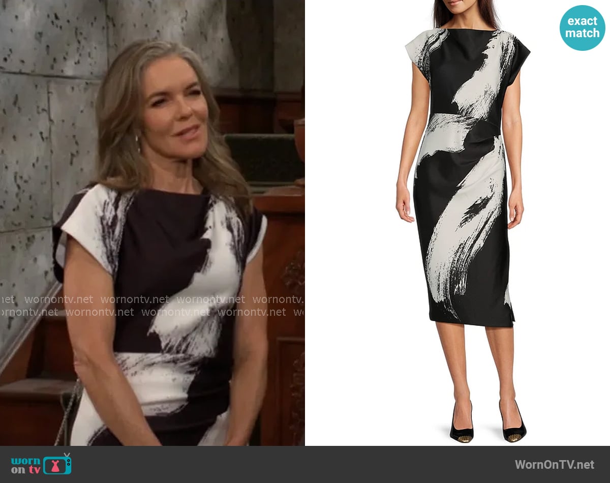 Donna Karan Boat Neck Short Sleeve Ruched Waist Scuba Midi Dress worn by Diane Jenkins (Susan Walters) on The Young and the Restless