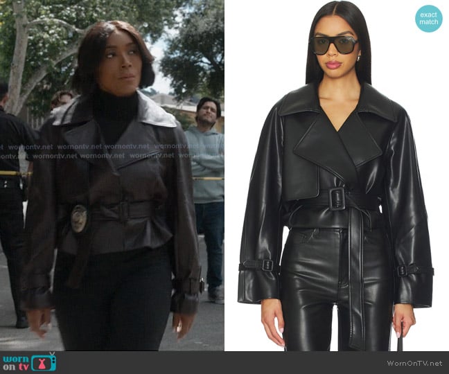 Athena’s black leather crop trench jacket on 9-1-1 Athena’s black leather crop trench jacket on 9-1-1