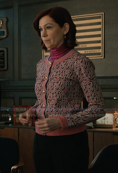 Elsbeth's pink printed cardigan on Elsbeth