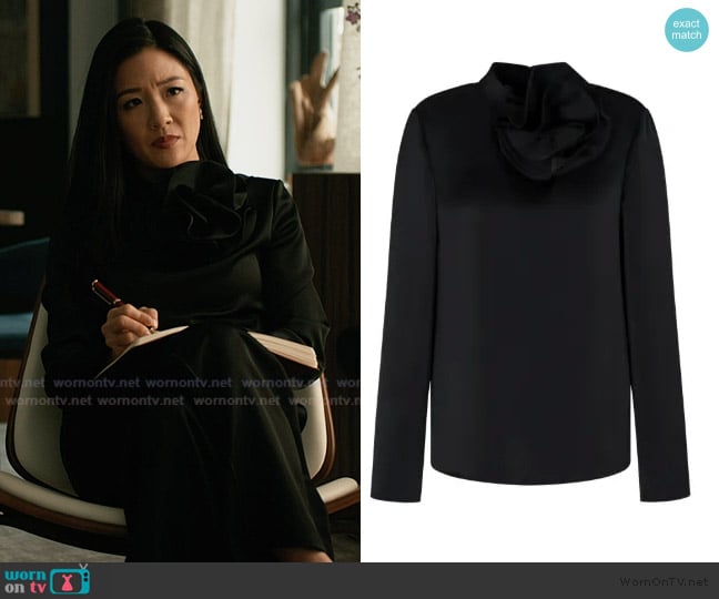 Emporio Armani ruffled high-neck blouse worn by Dr. Mallory Haynes (Constance Wu) on Elsbeth