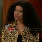 Eva’s yellow snake and flower print jacket on Beyond the Gates