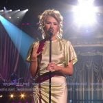 Hannah Harper’s yellow satin gathered dress on American Idol