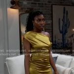 Trina's yellow satin one-shoulder dress on General Hospital