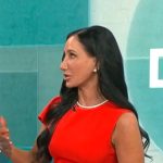 Elizabeth Werner’s red asymmetric ruffle dress on CBS Mornings