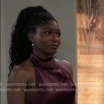 Trina’s burgundy satin halter blouse and leather skirt on General Hospital