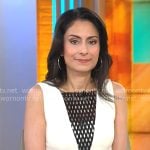 Celine Gounder’s cream dress with black fishnet inset on CBS Mornings