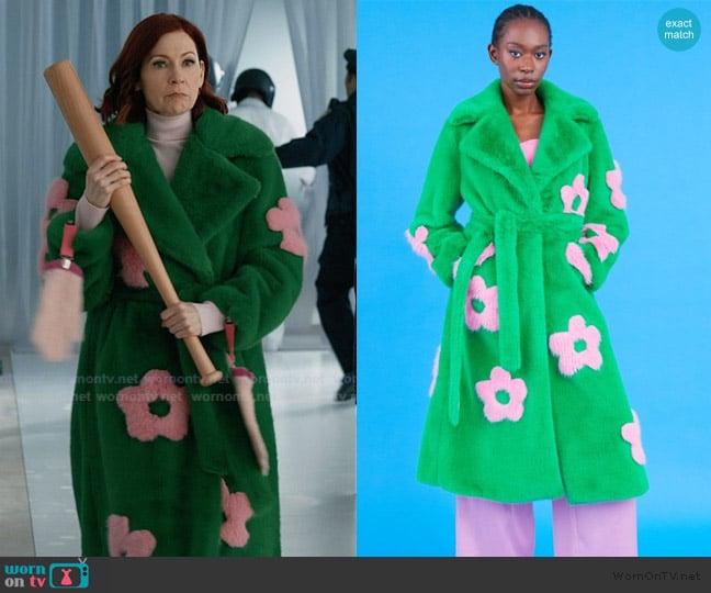Jayley Eco Bamboo Green Faux Fur Coat with Pink Flower Detailing worn by Elsbeth Tascioni (Carrie Preston) on Elsbeth