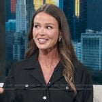 Jocelyn Hudon’s black belted jacket on Access Hollywood