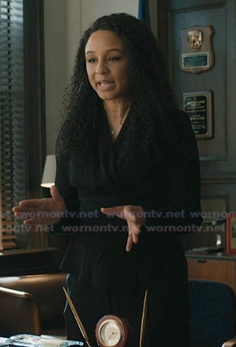 Kaya's black wrap top on Elsbeth