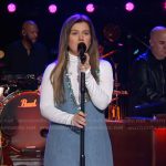 Kelly’s beaded trim plunging denim dress on The Kelly Clarkson Show