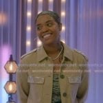 Keyla Richardson’s beige embellished jacket and ruched pants on American Idol
