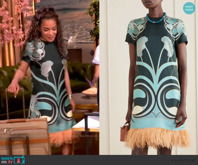 Sunny’s blue printed feather trim dress on The View