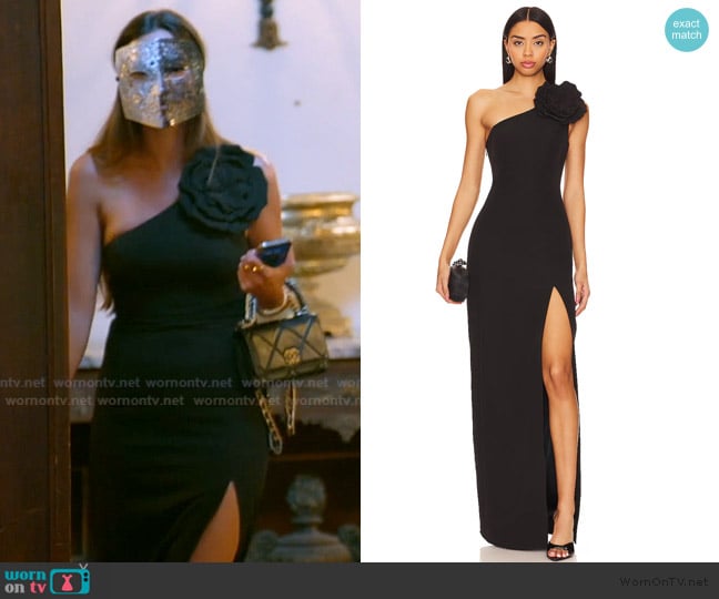 Kelsey’s black one shoulder rose dress on RHORI