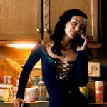 Maddy’s navy blue off-shoulder lace-up dress on Euphoria