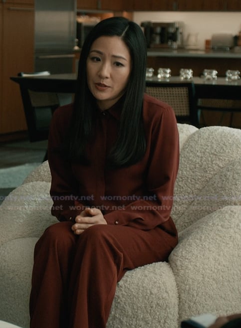 Mallory's burgundy silk blouse on Elsbeth