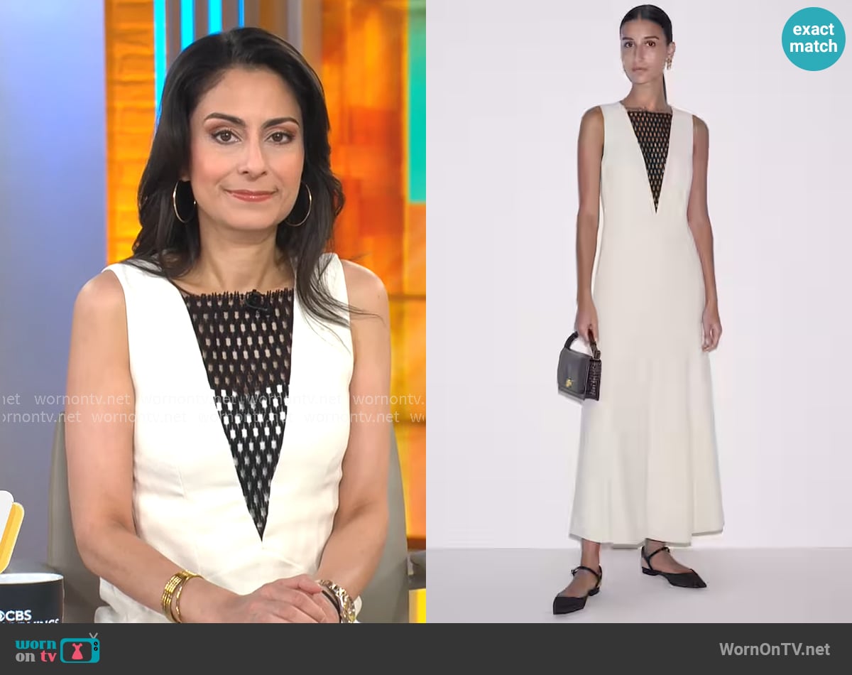 Celine Gounder’s cream dress with black fishnet inset on CBS Mornings