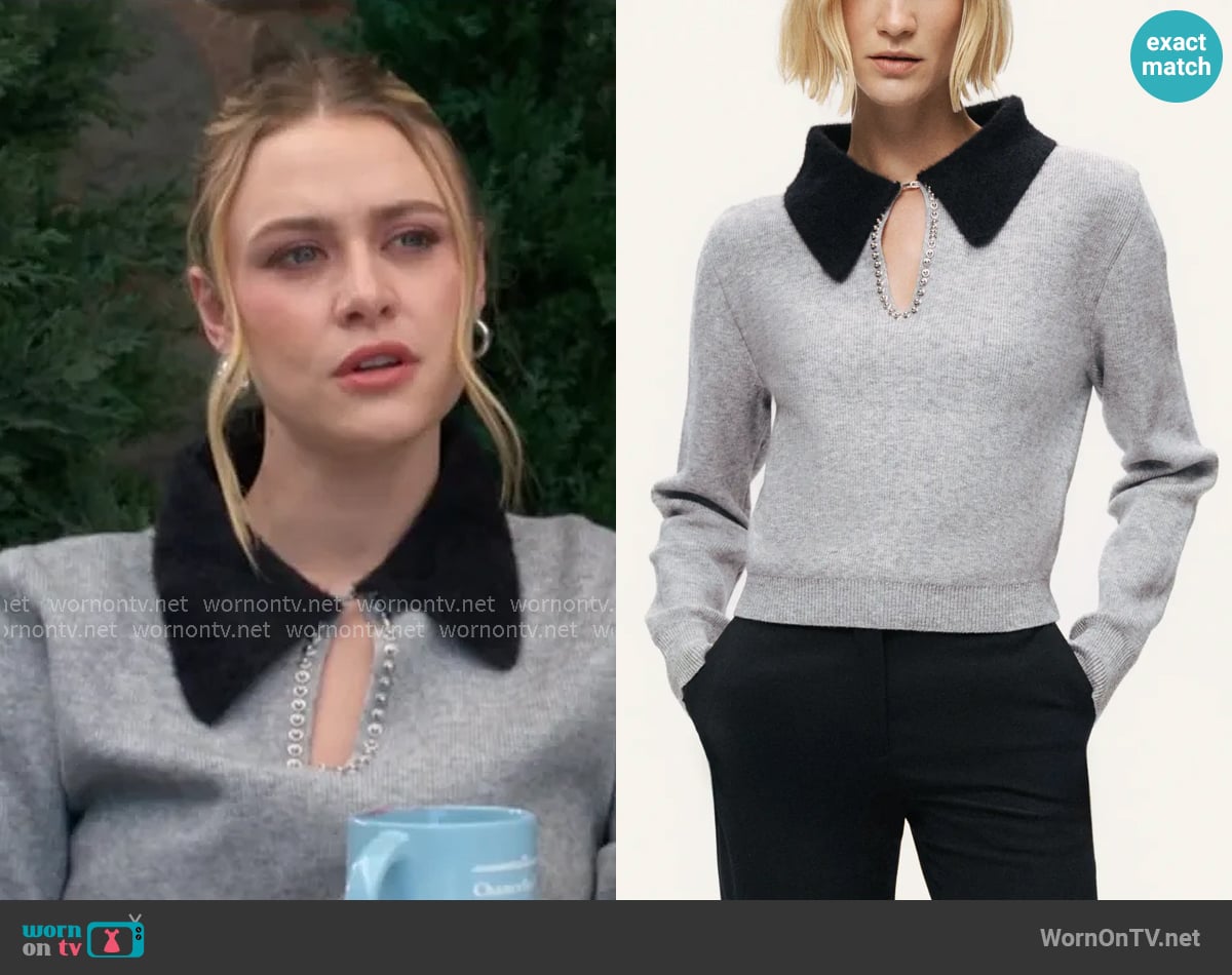 Nocturne Contrast Collar Keyhole Knit Sweater worn by Claire Grace (Hayley Erin) on The Young and the Restless