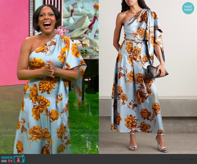 Tamron’s blue floral one shoulder dress on Tamron Hall Show