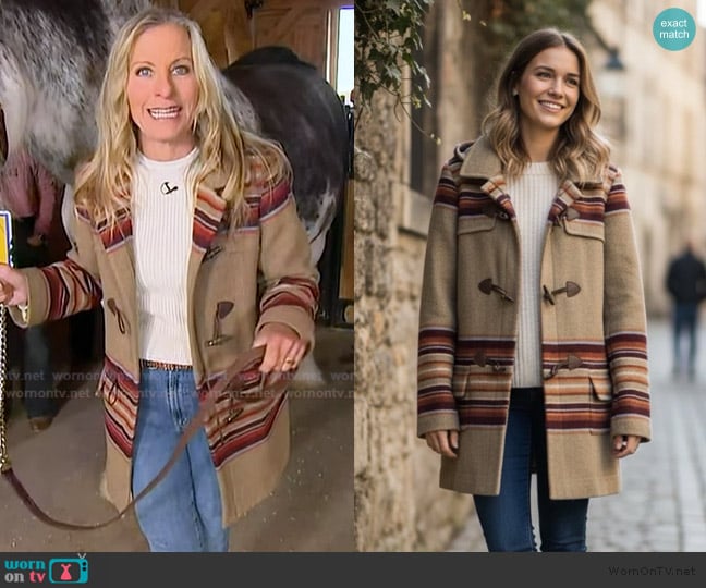 Pendleton Hooded Tan Wool Striped Toggle Coat worn by Becky Worley on Good Morning America