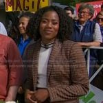 Priscilla Thompson’s white mock neck top and brown plaid blazer on Today