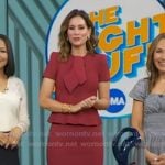 Rebecca’s burgundy tie neck top and pencil skirt on Good Morning America