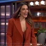 Sepideh Moafi’s orange double breasted suit on The Kelly Clarkson Show