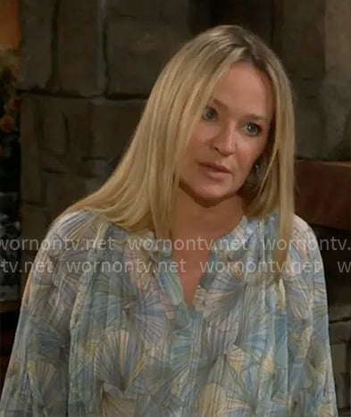 Sharon's blue floral blouse on The Young and the Restless
