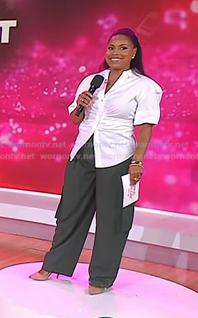 Sheinelle’s white ruched shirt and green cargo pants on Today