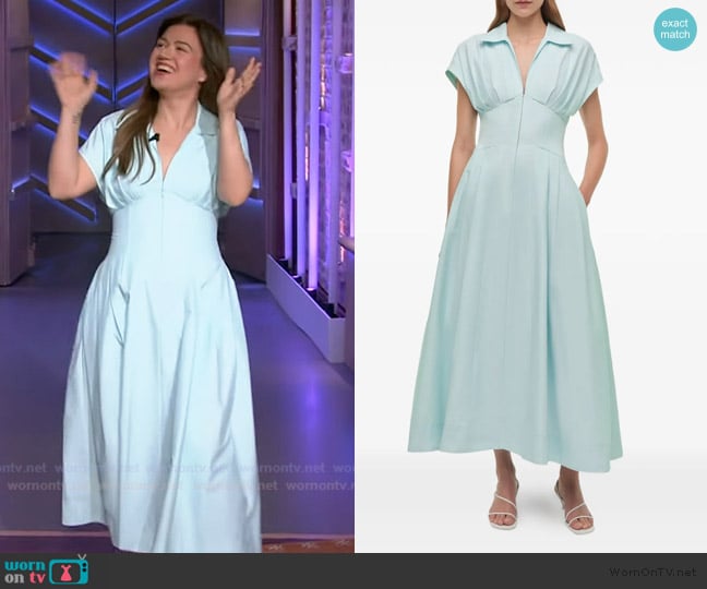 Kelly’s blue corset midi dress on The Kelly Clarkson Show Kelly’s blue corset midi dress on The Kelly Clarkson Show