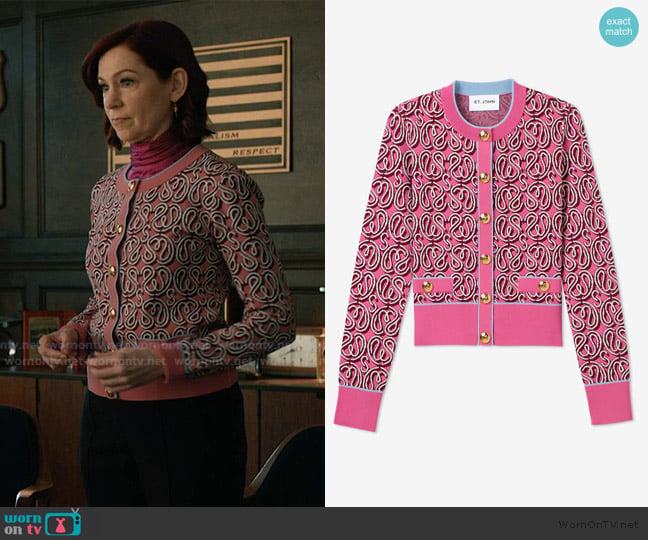 St. John Rosie Sweater in St. John x Malbon Logo Knit worn by Elsbeth Tascioni (Carrie Preston) on Elsbeth