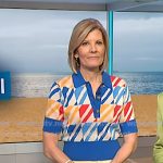 Kate’s geometric print knit polo and beige pants on NBC News Daily