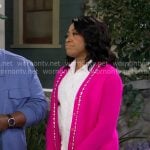 Tina’s white floral applique shirt pink rhinestone embellished cardigan on The Neighborhood