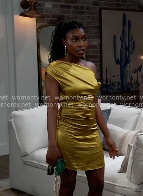 Trina’s yellow satin one-shoulder dress on General Hospital
